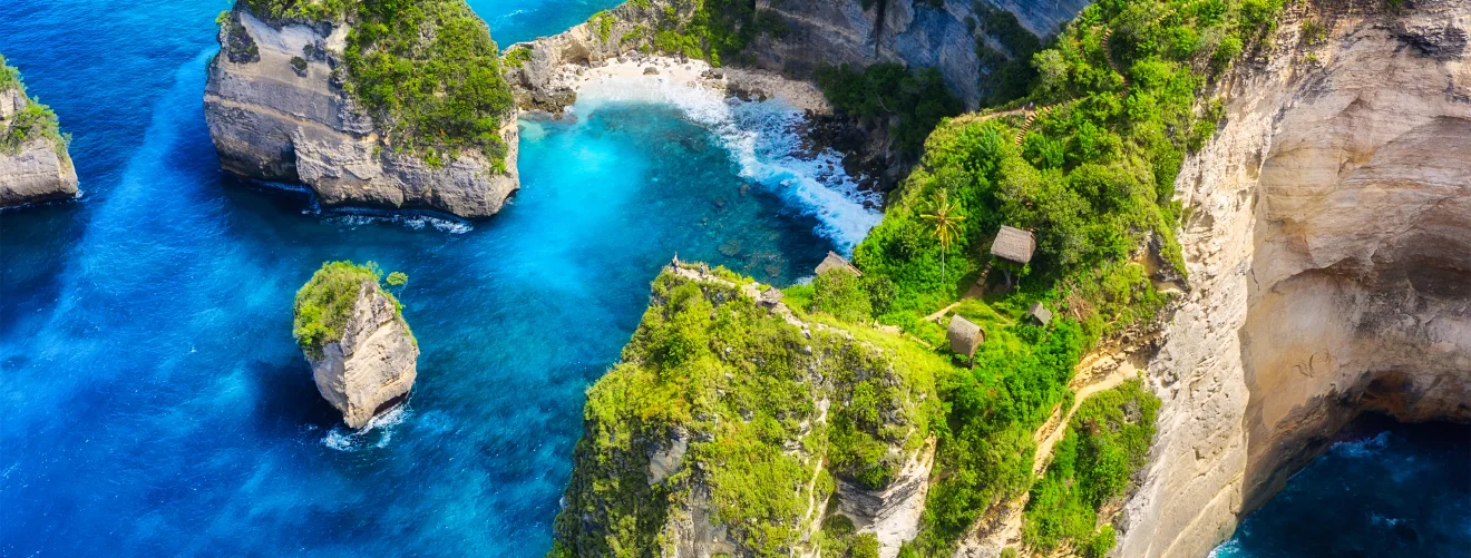 panoramic aerial view sea rocks blue water background from top view atuh beach nusa penida
